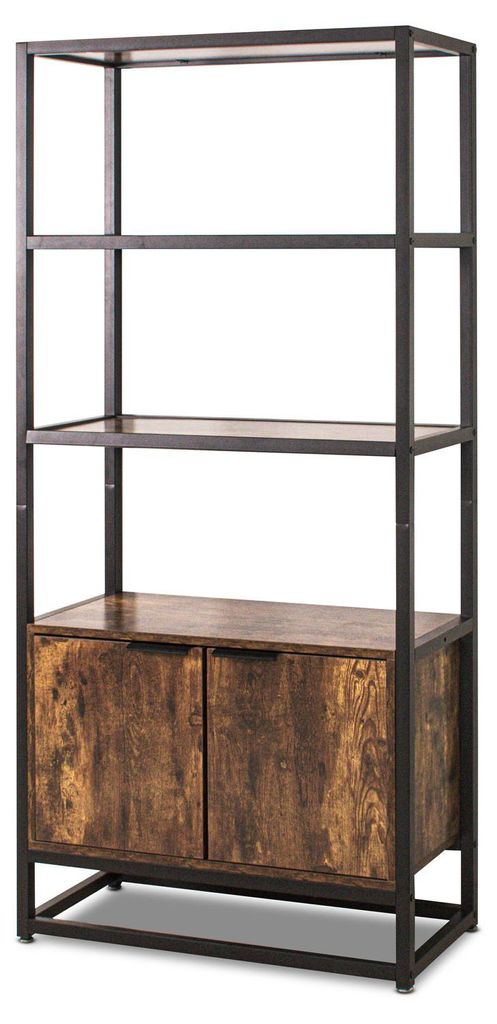 Edo - Bøcherregal im industriellen Stil mit 3 offene Føcher und 2 Tøren, 76x33xH163 cm