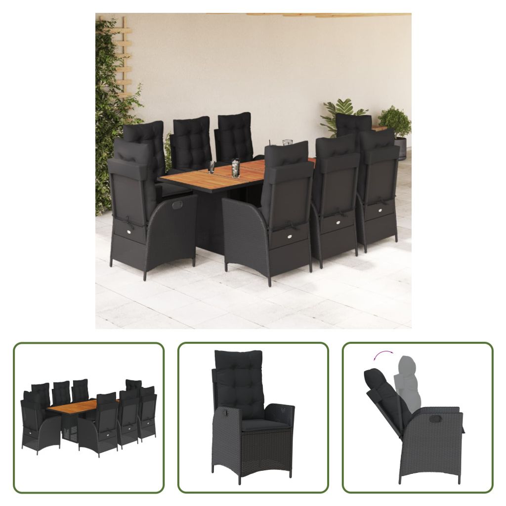 The Living Store 9-tlg. Garten-Essgruppe mit Kissen Schwarz Poly Rattan