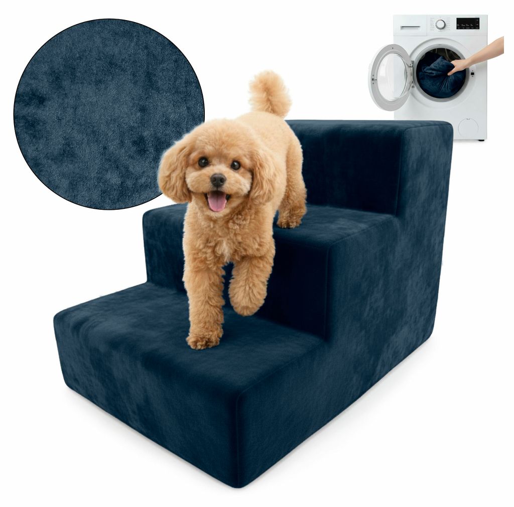 Muralo Treppe für Hund und Katze Rampe HUNDETREPPE Treppe für Haustiere 3 Stufen Dunkelblau Magic Velvet Stoff