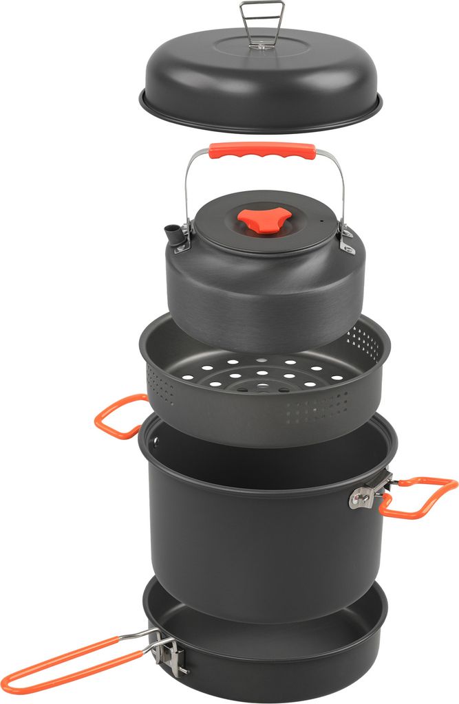 Camping Kochgeschirr Essgeschirr Aluminiumlegierung Topf Pfanne Dampfgarer und Wasserkocher mit Topfdeckel