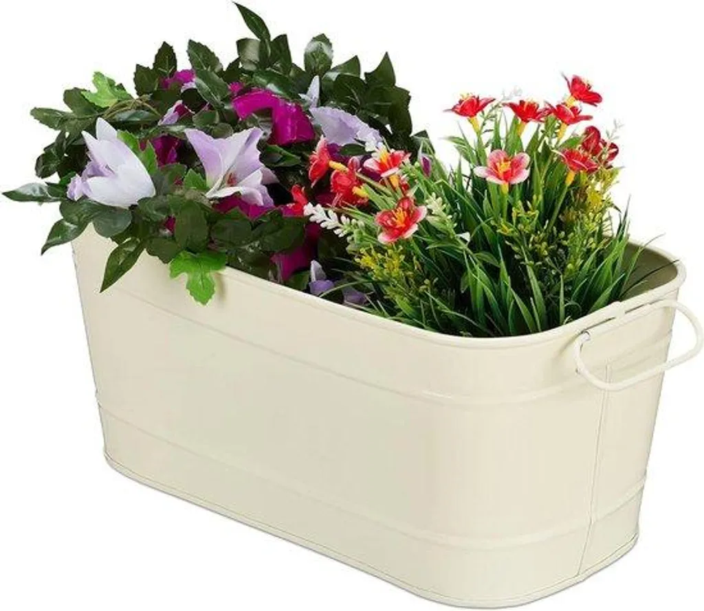 Jardinière d'intérieur oblongue crème en métal - Bac à fleurs 38cm