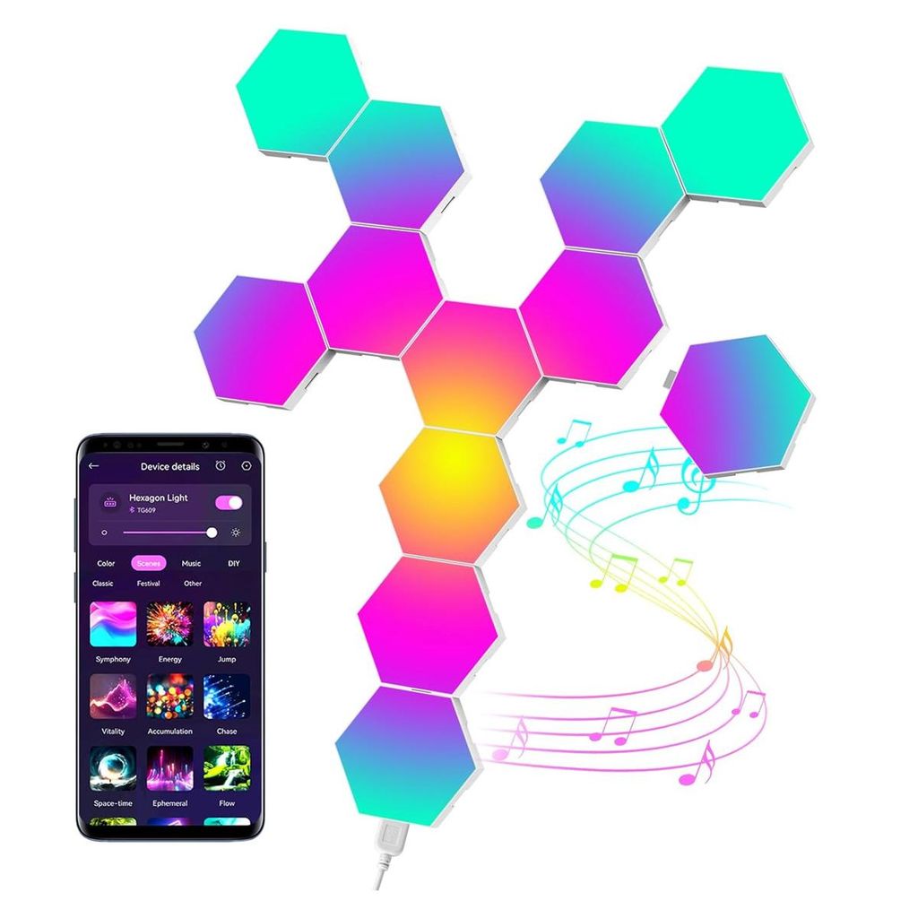 LED Hexagon Wandlampen Set, 12er RGB Panel, Musiksteuerung, Bluetooth App, DIY Stimmungslicht, Wall Light, moderne Beleuchtung