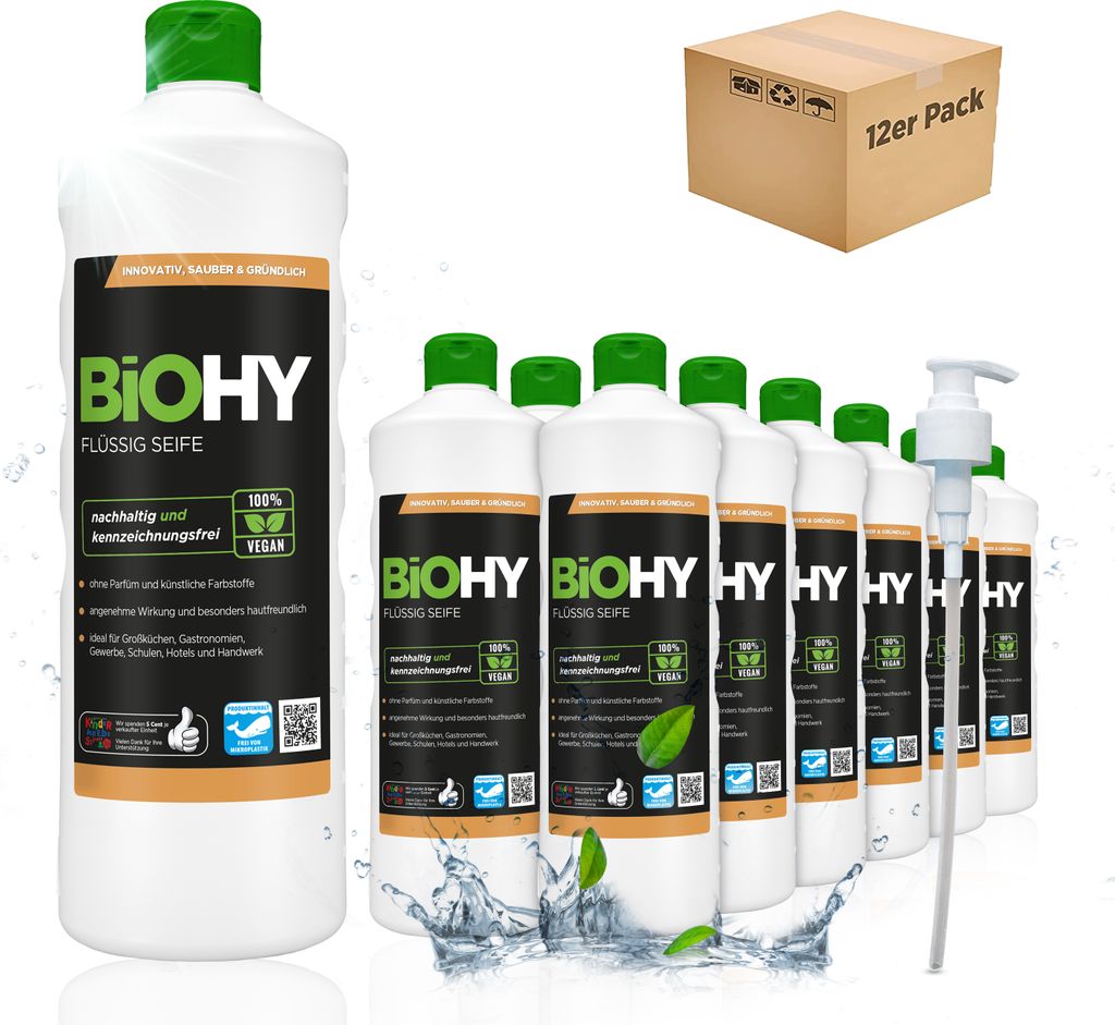 BiOHY Flüssig Seife (12x1l Flasche) + Pumpspender| Geruchsneutrale, hautschonend und rückfettend | PHOSPHATFREI | Ohne Parfüm und Farbstoffe