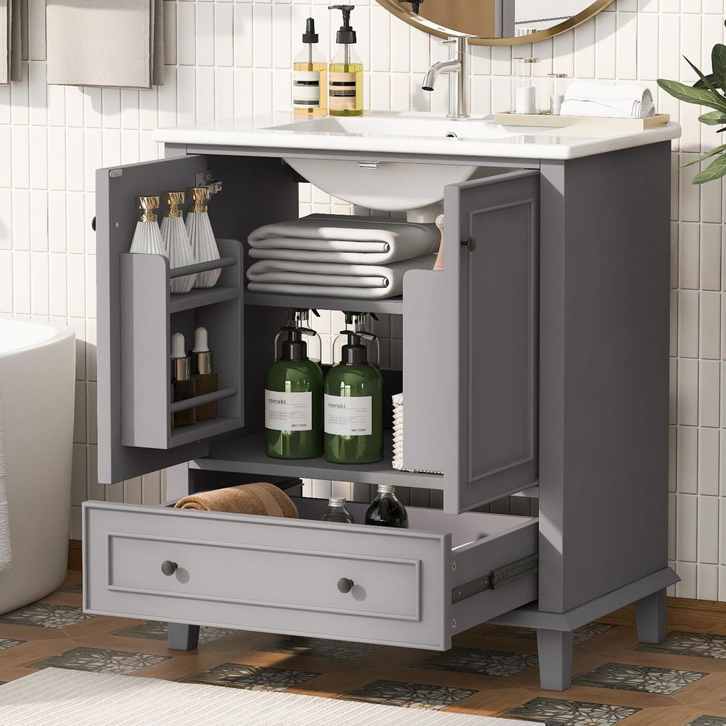 Sweiko 76x46x87cm Bodenstehender Badezimmerschrank mit Waschbeck, Waschtisch,Beine aus Massivholz, Volllackierung, feuchtigkeits- und wasserdicht, ...