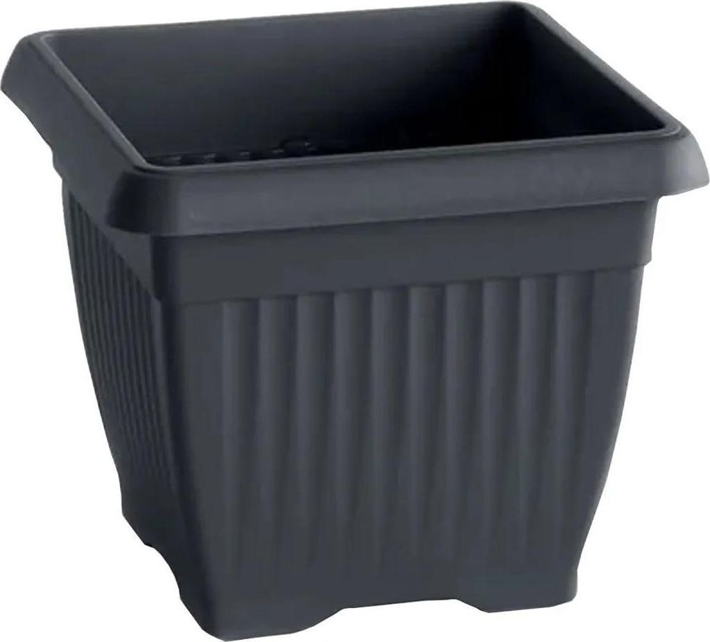 A dark gray square planter pot is shown against a white background.
