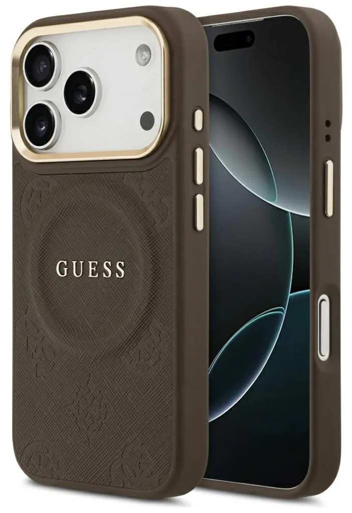 Coque iPhone 17 Pro GUESS MagSafe en Marron Peony Hot Stamp Antichoc Chic