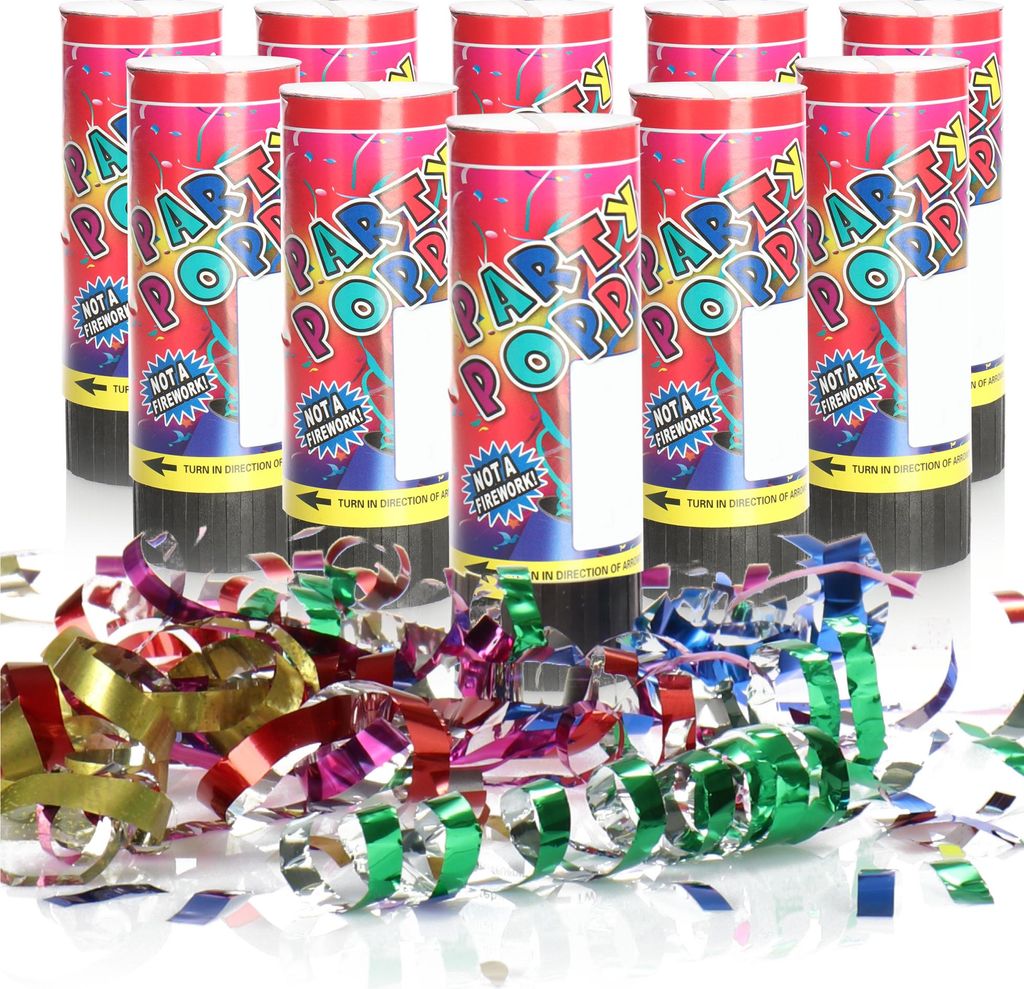 com-four 10x Shooter Party Popper-Set 11cm, Konfetti-Kanone zum Drehen für Silvester, Partys, Geburtstage, Konfetti Bombe mit toller Effekthöhe