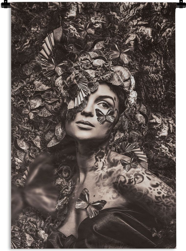 MuchoWow Wandteppich Wandbehang Frau - Sepia - Schmetterling 120x180 cm Tapisserie Dekoration Wandtuch - Schlafzimmer - Dekorationen für das Haus