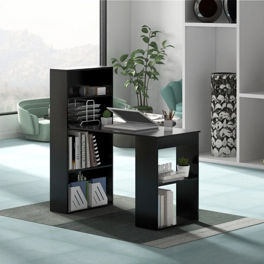 Table de bureau noire pour télétravail avec rangements et support écran