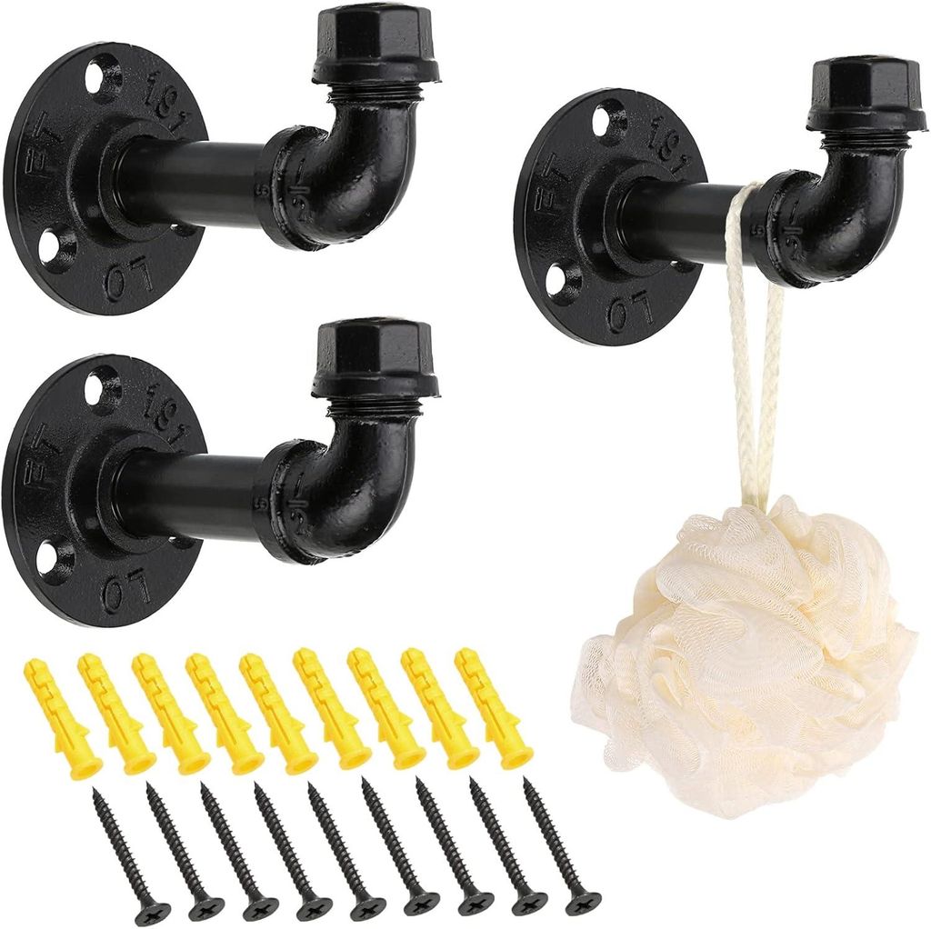 Set aus 3 robusten, rustikalen Garderobenständern im Industriestil mit Befestigungsmaterial für Zuhause oder Büro, schwarz verzinkt