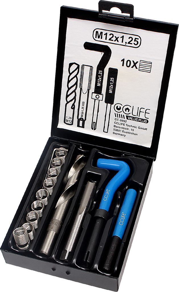 CCLIFE Gewinde Reparatur Satz Gewindeeinsätze Gewindehülse M5 M6 M8 M10 M12 M14 M16 HSS, Größe:M12 X 1.25 | 10tlg Einsätze