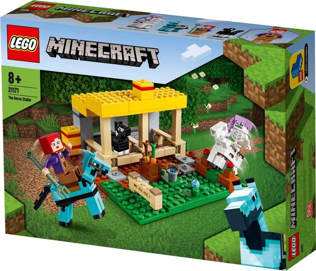 The image shows the LEGO Minecraft The Horse Stable playset packaging. The box displays the assembled toy with minifigures and horses in a Minecraft-themed environment.