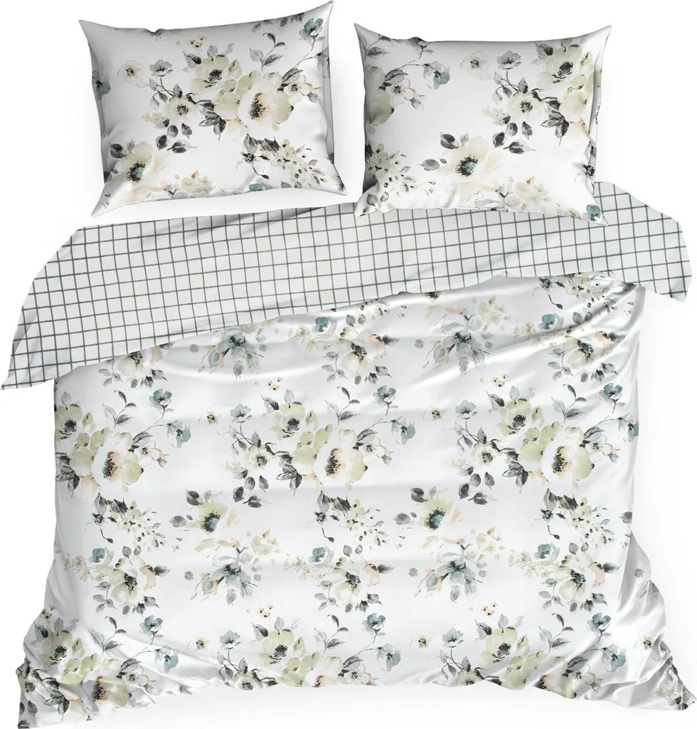 Linge de lit satin 220x200 Printemps 32 blanc vert fleurs pour chambre