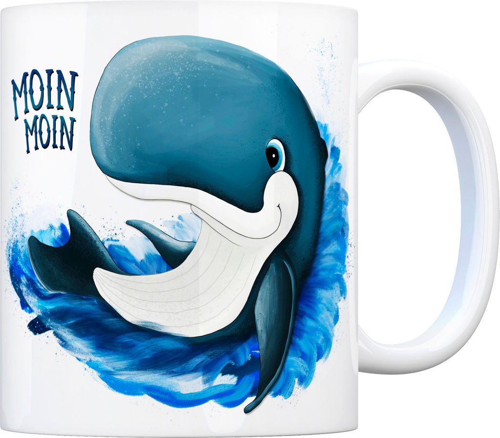 Kaffeebecher mit Wal Motiv und Spruch: Moin Moin Kaffeetasse Tasse