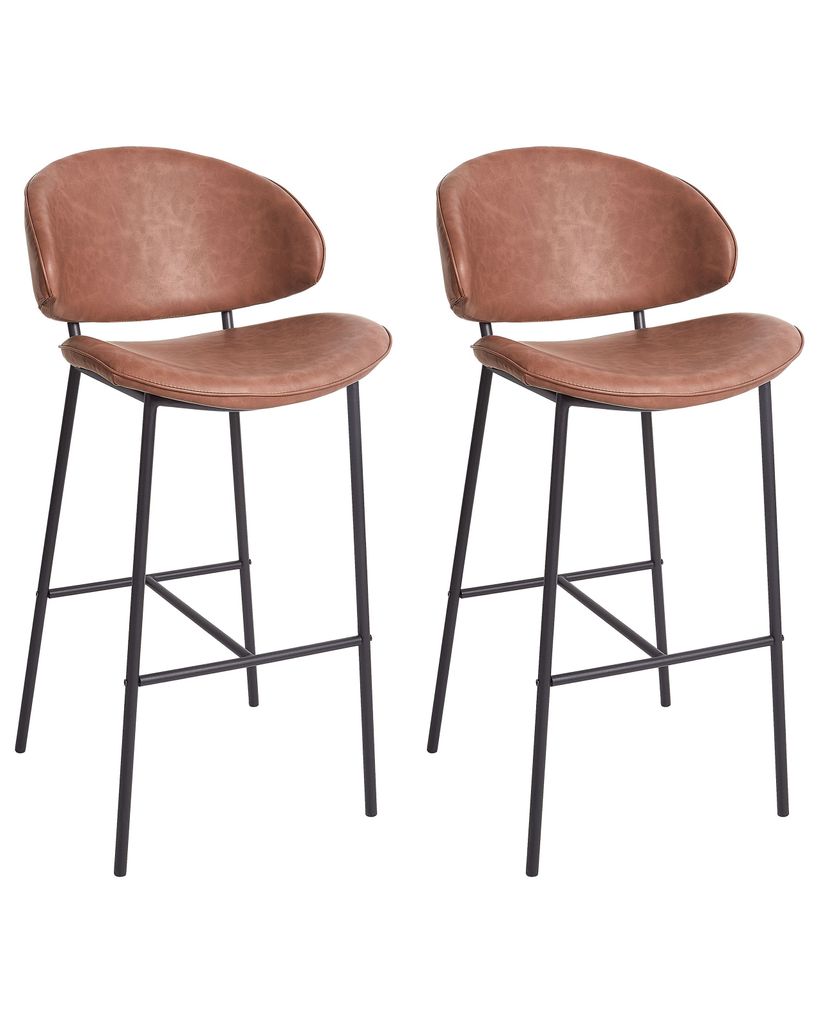 BELIANI Barstuhl 2er Set Braun Kunstleder und Metall mit Lehne Fußstützen Modernes Design Sitzmöbel Wohnzommer Küche Bar Wohnküche Ausstattung