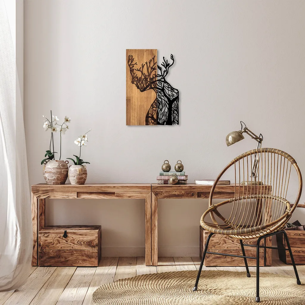 Wallity Tree SKL2305 Décoration Murale Noir et Noyer en Bois et Métal