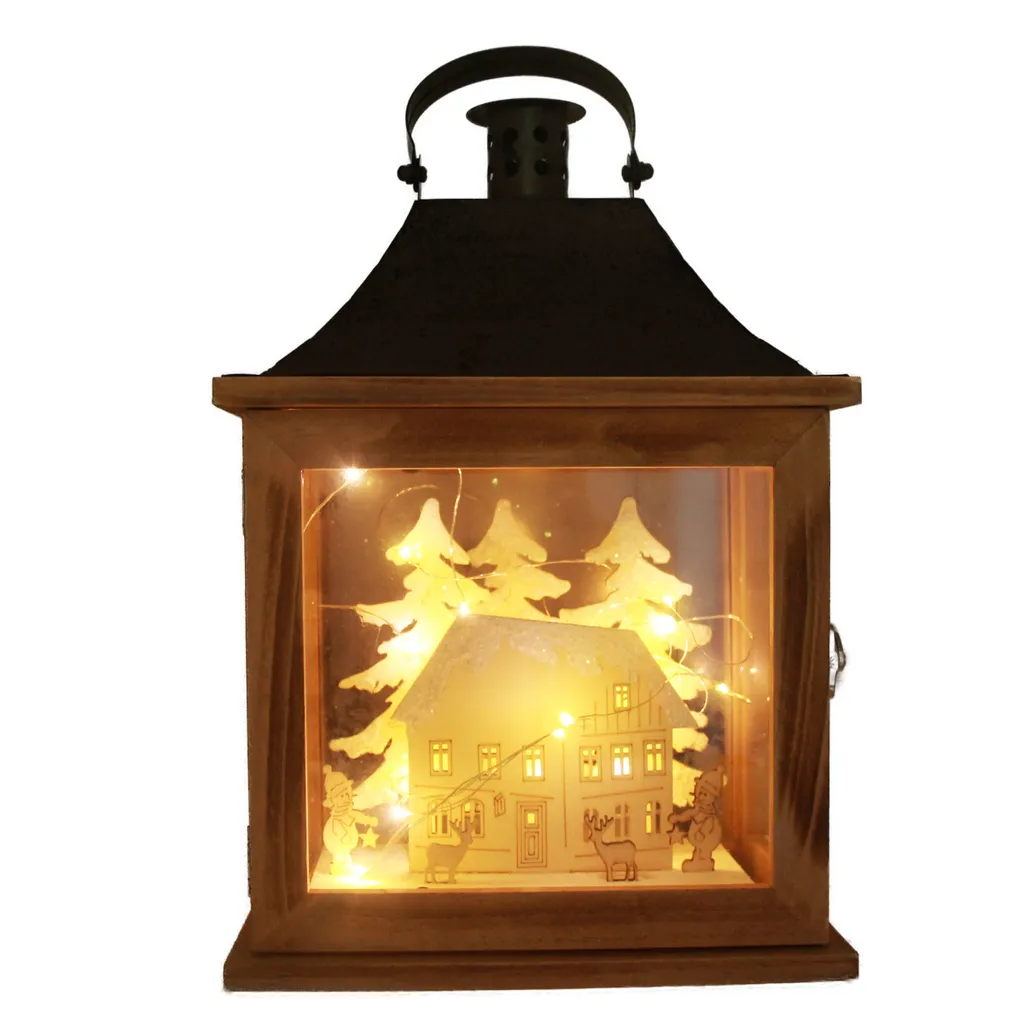 Lanterne lumineuse paysage d'hiver 30cm en bois brun avec éclairage LED - 4