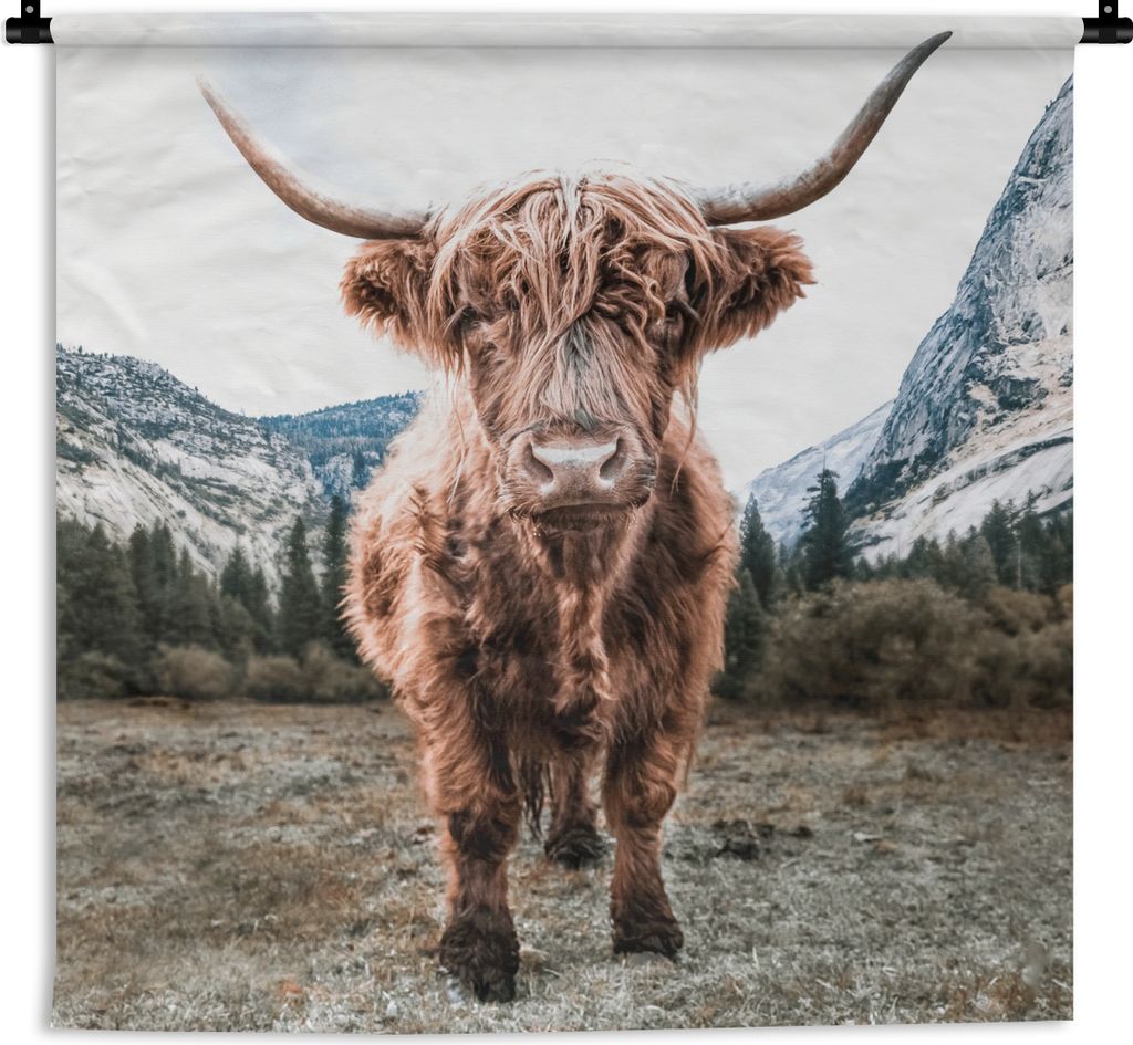 MuchoWow Wandteppich Wandbehang Schottischer Highlander - Berg - Tiere 90x90 cm Tapisserie Dekoration Wandtuch - Wandaufhänger