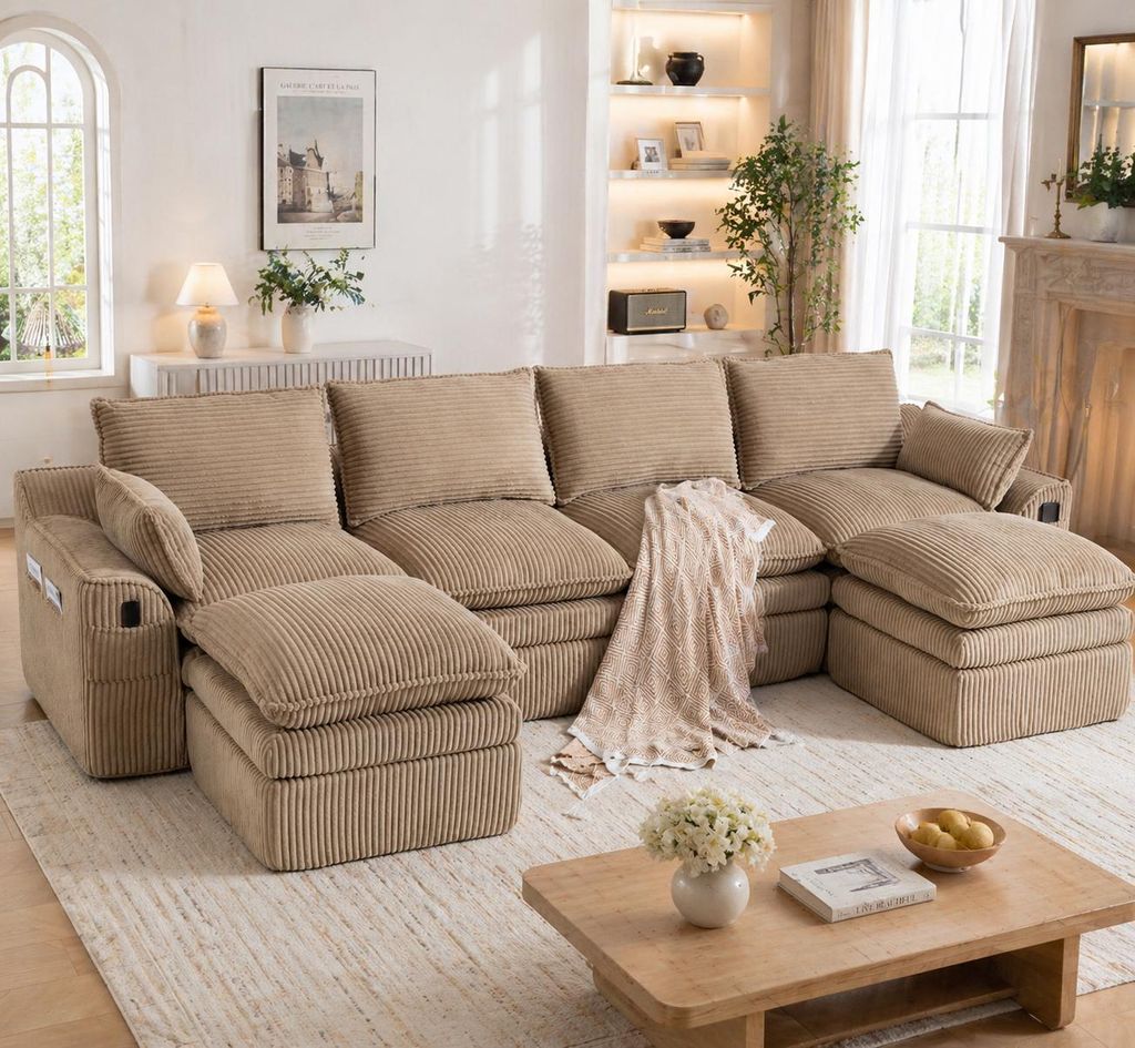 4-osobowa sofa modułowa w kolorze khaki z 2 pufami, narożna Zdjęcie produktu 
