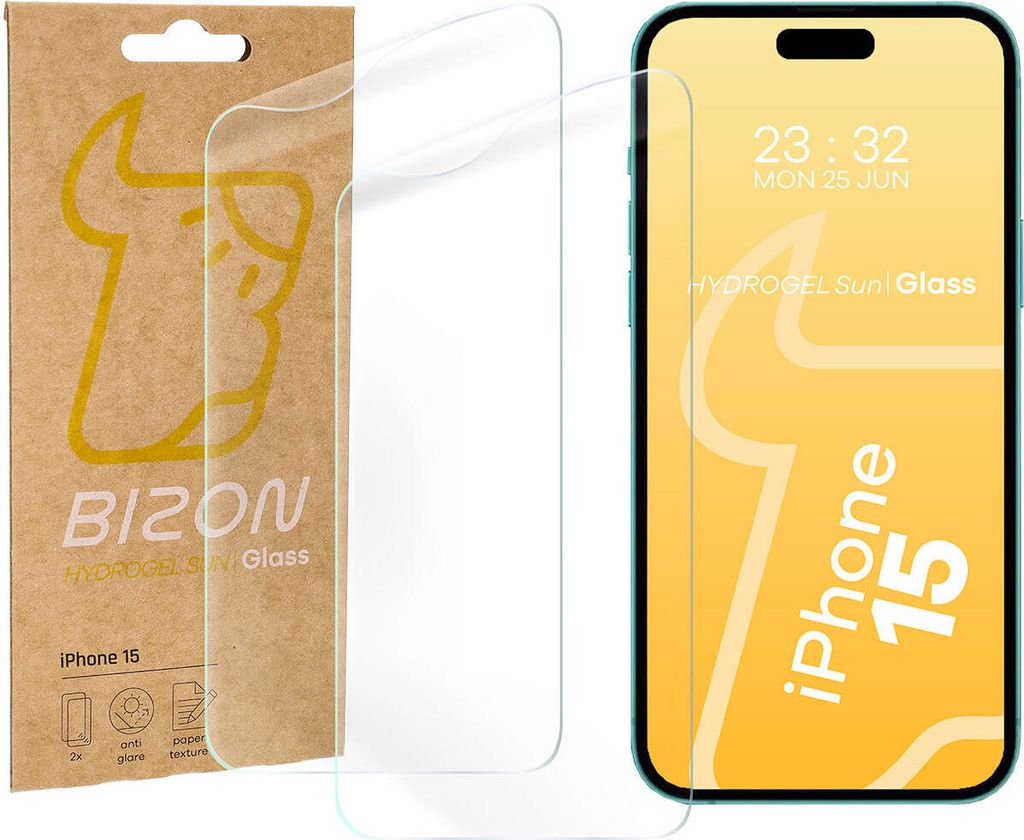 Bizon Glass Film Sun Mattfolie für iPhone 15, 2 Stück