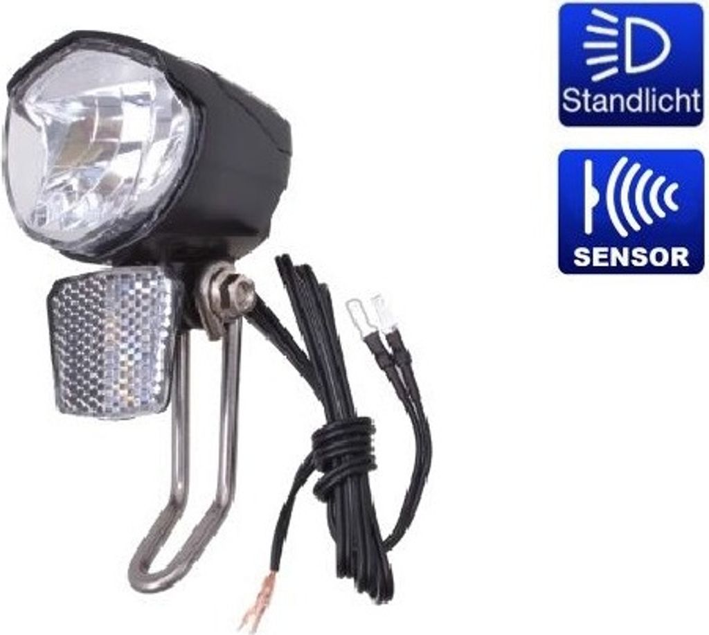 A product shot of a bicycle headlight with attached wires and two informational icons on the right.