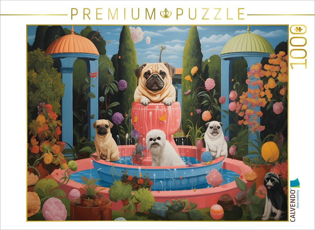 CALVENDO Puzzle Hunde baden im Springbrunnen | 1000 Teile Lege-Größe 64x48cm Foto-Puzzle für glückliche Stunden
