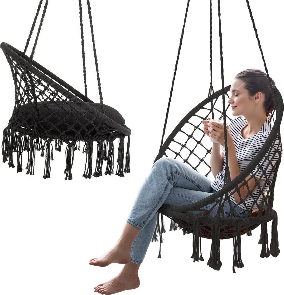 Outtec Hängesessel XXL mit Kissen - bis 150 kg - Sessel zum Aufhängen - Indoor & Outdoor - Hängekorb, Schaukel für Garten, Terrasse, Balkon -...