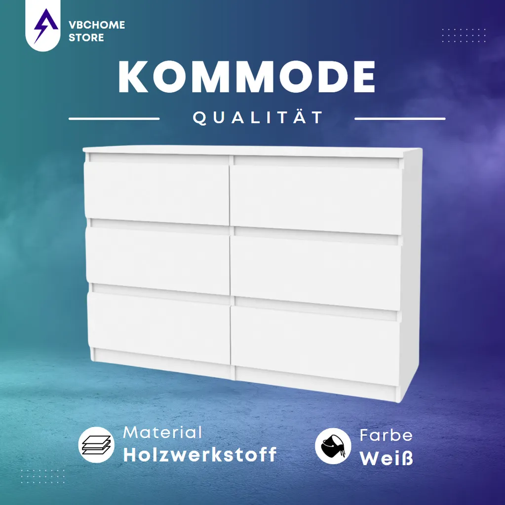 Commode VBChome blanche à 6 tiroirs de 120 cm pour chambre à coucher - 3