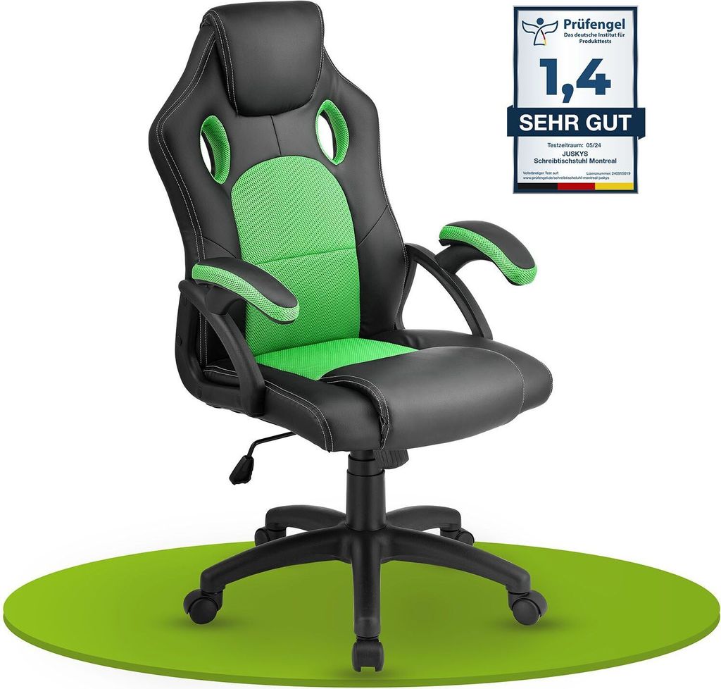A black and green gaming chair is shown on a green circular mat, with a product rating badge in the top right corner.