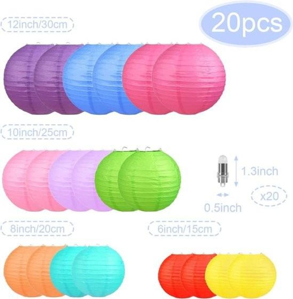 20 bunte Papierlaternen – warmweißer Lampenschirm – für Feiertage, Hochzeiten, Geburtstage, Gartenpartys, Babypartys und als Dekoration