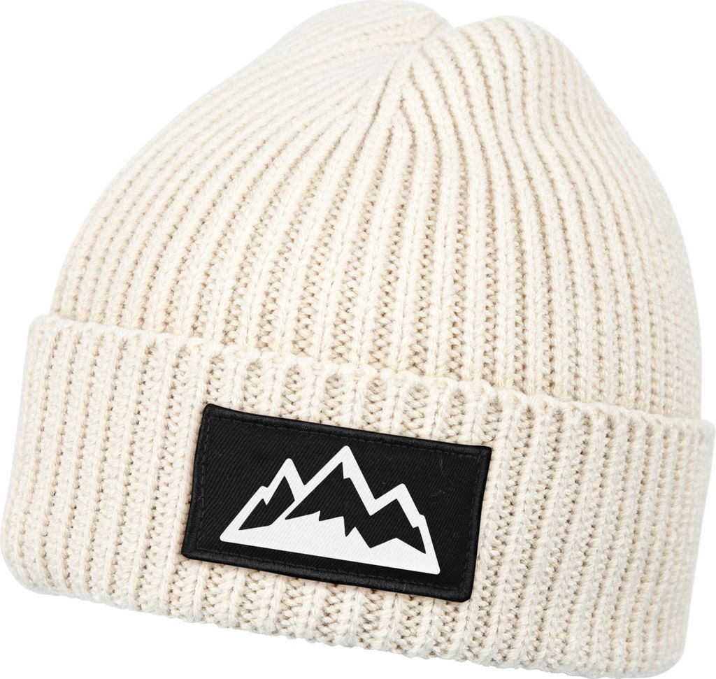 Herren Beanie Wintermütze mit Patch Mountain Badge Aufdruck Print Strickmütze Rippstrick Outdoor Fashion Neverless