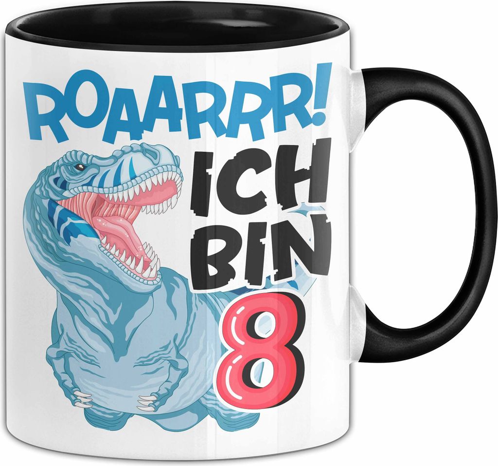 8. Geburtstag Geschenk Tasse Becher Jungs Dino T-Rex Roaarrr Ich Bin 8 (Schwarz)
