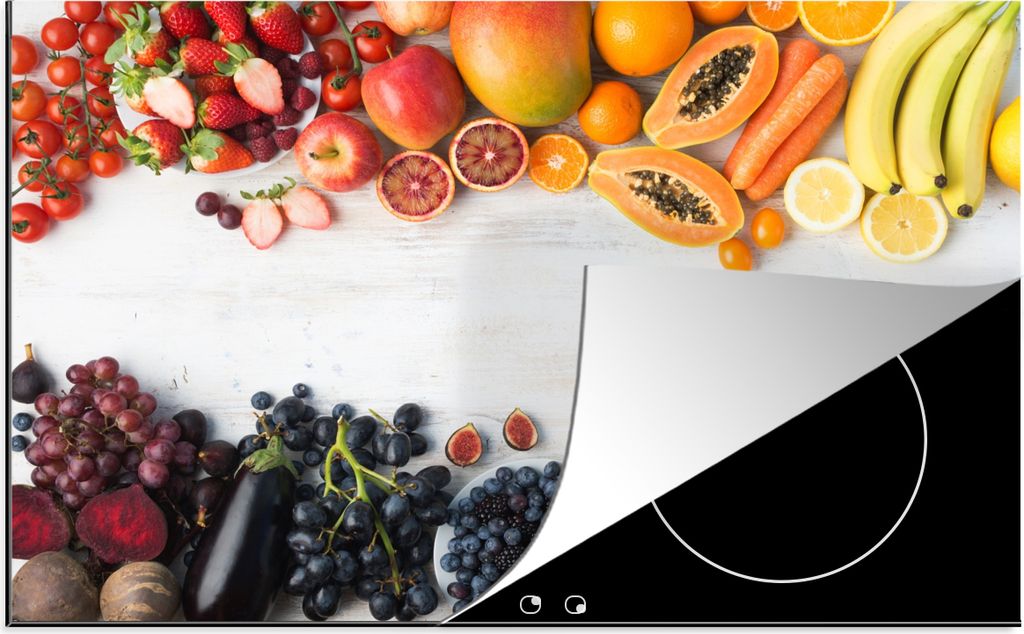 KitchenYeah Herdabdeckplatte Obst - Regenbogen - Erdbeere - Weintrauben - Papaya , 78x52cm, Küche Deko, Glaskeramikfeld Herdabdeckung, Abdeckpla...