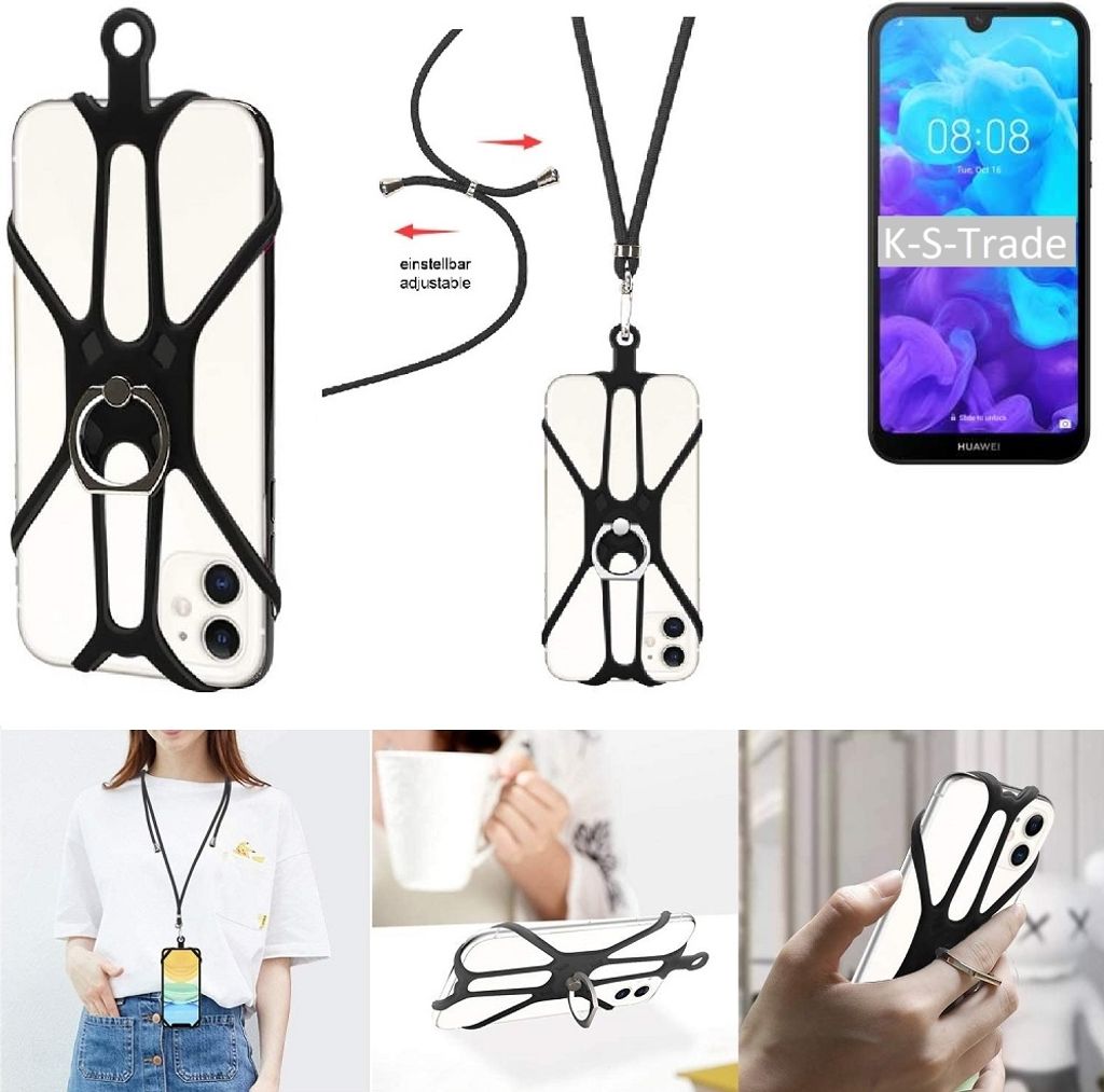 K-S-Trade 3in1 Handykette Handyband Handykordel Halsband Smartphone-Ring Handy-Ring kompatibel mit Huawei Y5 (2019) Fingerhalterung Handyring