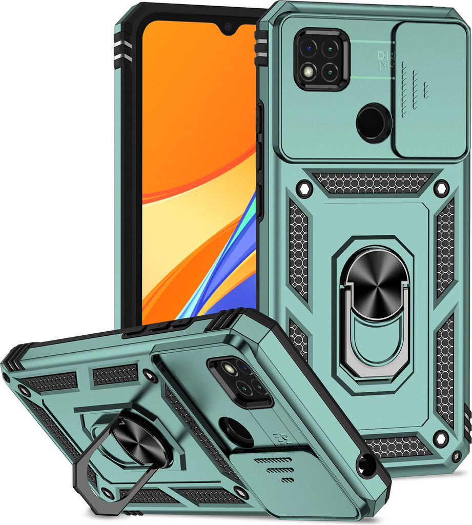 Redmi 9C Hülle mit Schiebe Kamera Schutz und Ringhalter Ständer Robust Rüstung Schutzhülle für Xiaomi Redmi 10A / 9C Grün