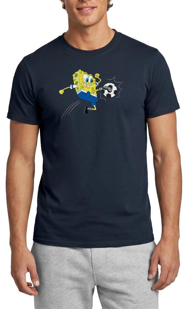 Spreadshirt Spongebob Schwammkopf Kickt Einen Fußball Männer T-Shirt, S, Navy