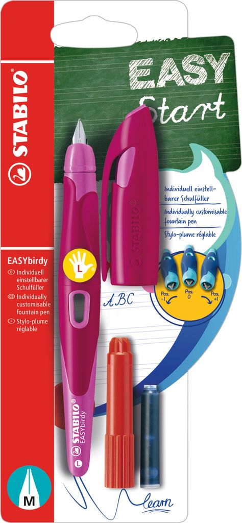 Ergonomischer Schulfüller für Linkshänder mit Standard-Feder M - STABILO EASYbirdy in beere/pink - Einzelstift - Schreibfarbe blau (löschbar) -...