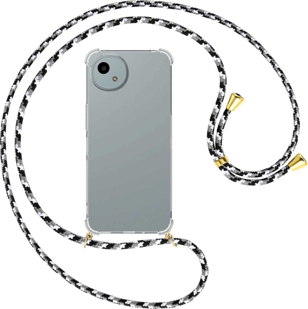 Handykette Backcover-Schutzhülle mit Band (Metall goldfarben) für Sharp Aquos wish 4 - schwarz/grau/weiß