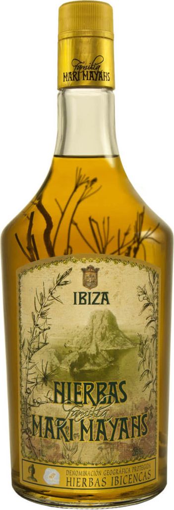 A bottle of Mari Mayans Hierbas Ibicencas liqueur.