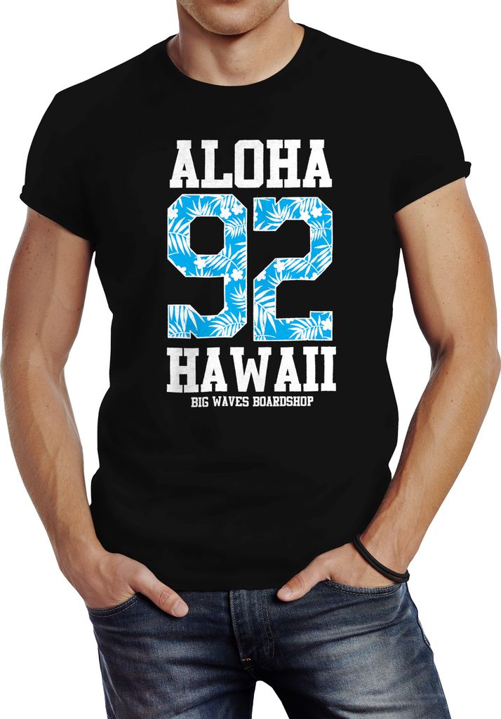Herren T-Shirt Aloha Hawaii Summer Palm Leafs Slim Fit Neverless schwarz XS