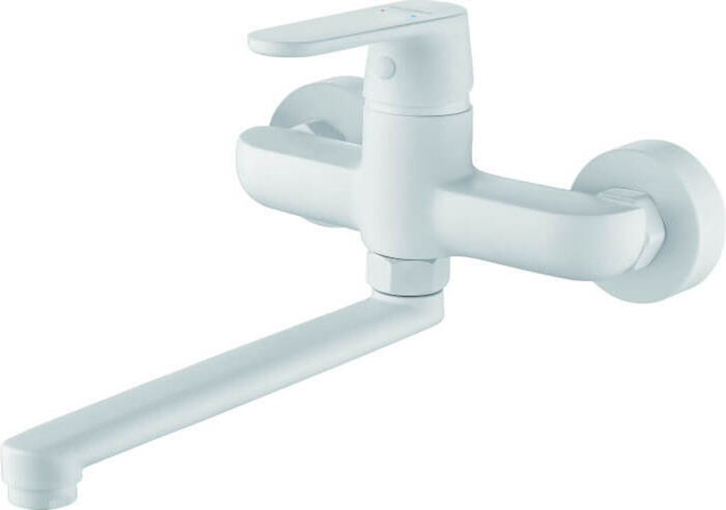 A white kitchen faucet with a long, adjustable spout is shown against a white background.
