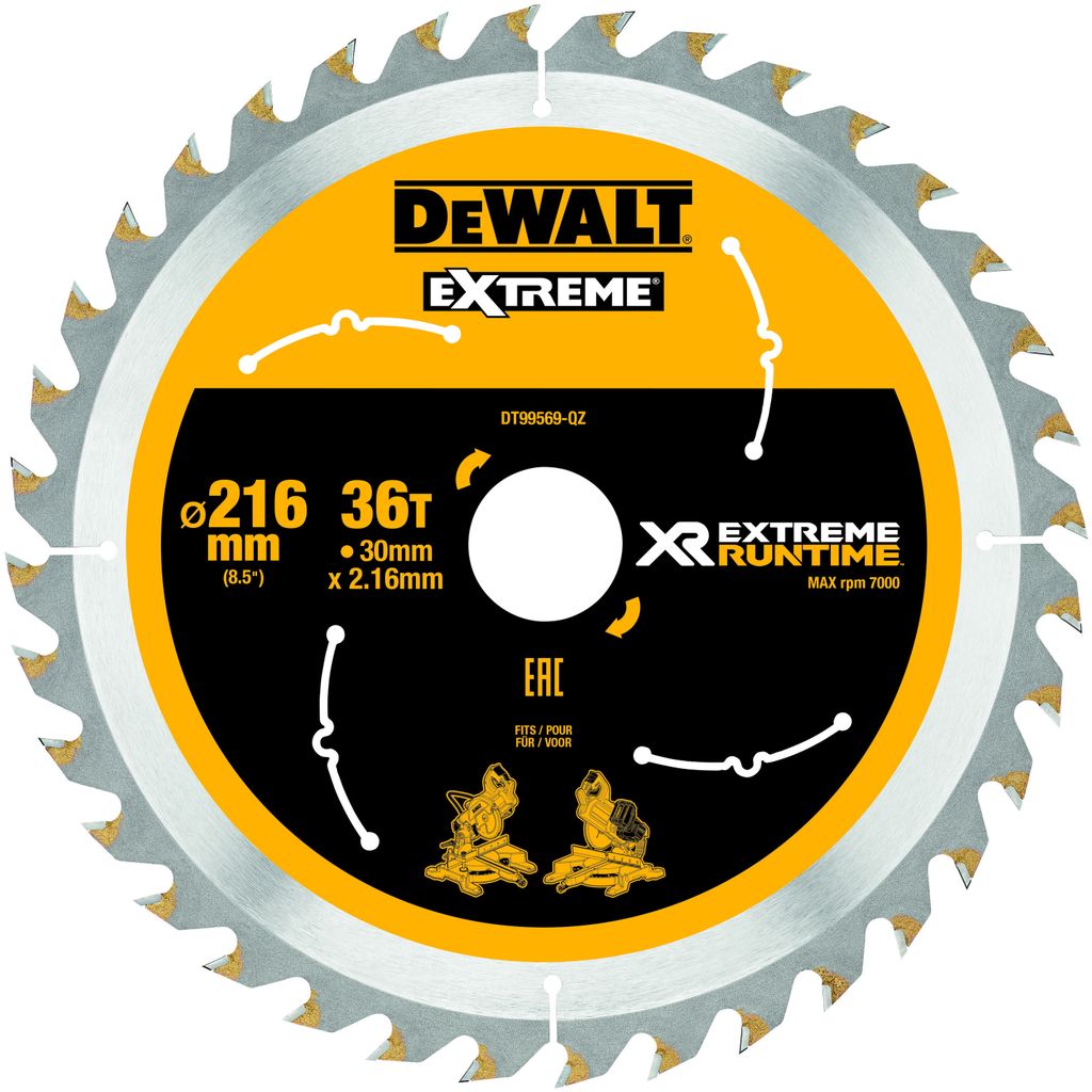 DeWALT Akku-Tischkreissägeblatt DT995 Extreme Runtime XR - Sägeblatt für FlexVolt DCS7485 Größe:216/30mm 36WZ/FZ