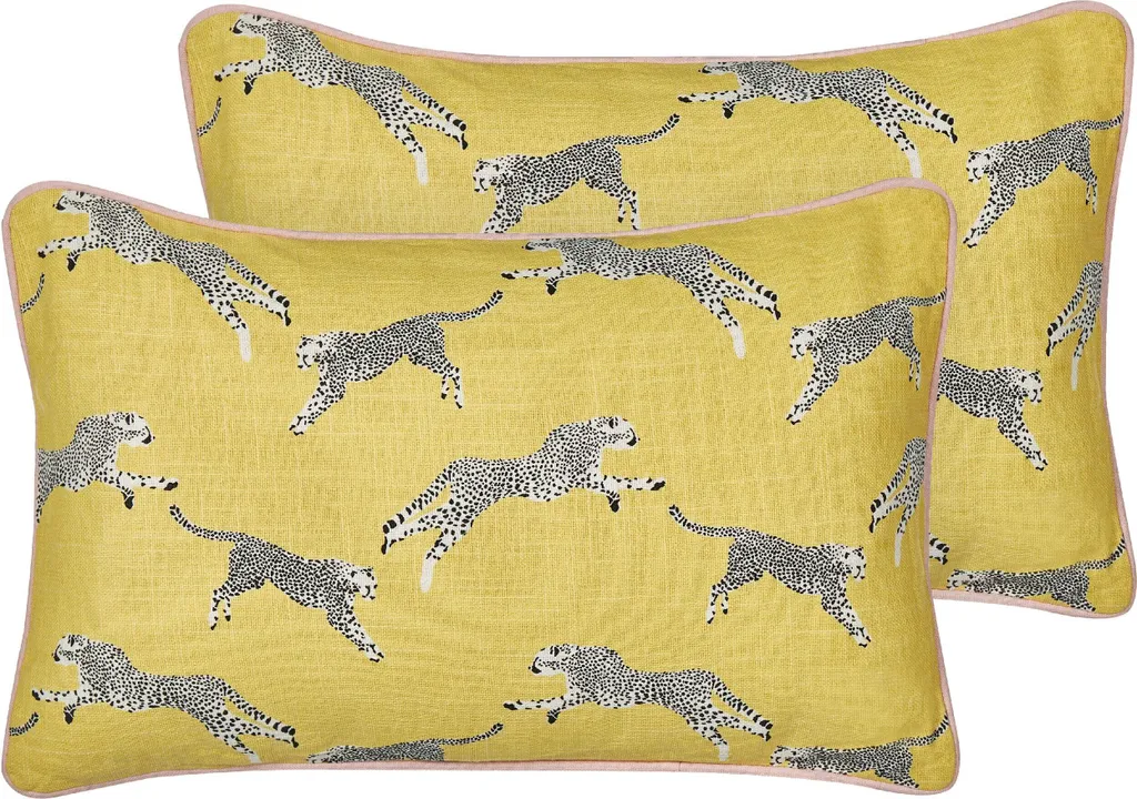 Décoration de Canapé : 2 Coussins Guépard Jaune en Coton 30x50 cm Arales