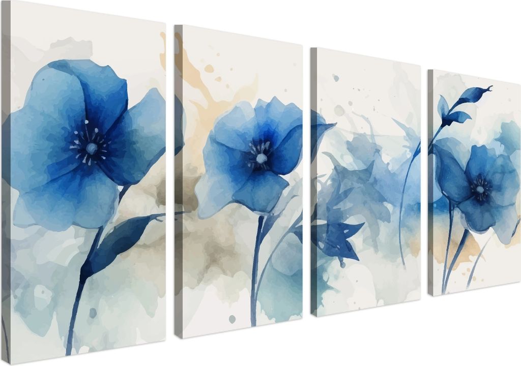 Wandbild Wanddeko Blaue Blumen auf Leinwand - ökologische Tinte, Wasserfest - 4 Teilig 80x160 cm Leinwandbilder für wohnzimmer, schlafzimmer