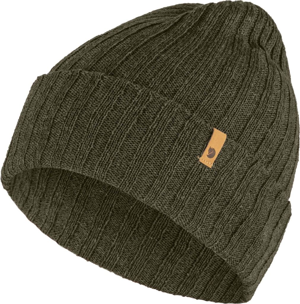 A close-up studio shot of a dark olive green knitted beanie.
