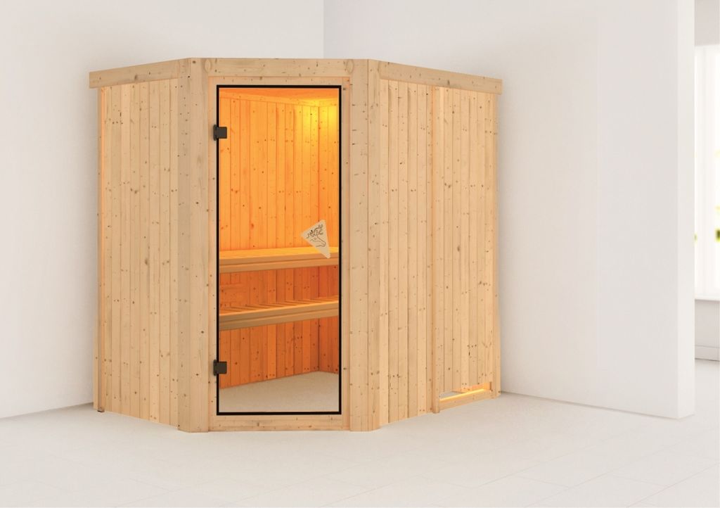 Karibu Sauna Innensauna Carin Eckeinstieg ohne Zubehör 196x151x198 cm ohne Dachkranz mit Bronzierte Tür