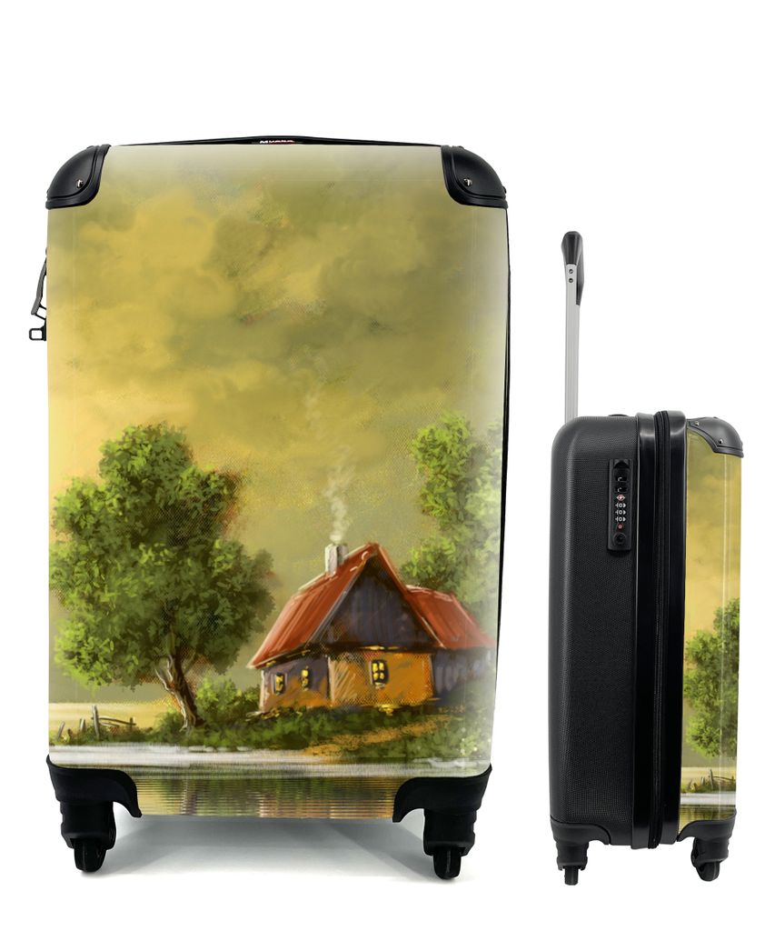 MuchoWow Koffer Handgepäck Trolley Rollkoffer Kleine Reisekoffer mit 4 Rollen - Gemälde - Ölfarbe - Haus - Natur - Wasser - Cabin Size < 55x40...