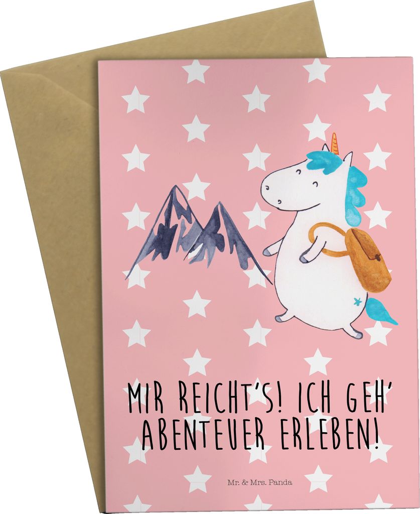 Mr. & Mrs. Panda Grußkarte Einhorn Bergsteiger - Rot Pastell - Geschenk, Urlaub, einladungskarten, weihnachtskarten, Berge, glückwunschkarten, Un...