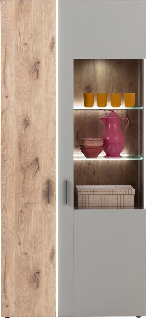 Vitrine - 91 x 200 cm - 2 Türen - Hellgrau - Nox Eiche Produktbild 