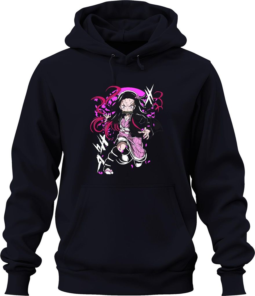 Nezuko Kamado Anime Dämon Kampfpose Bambus Beißschutz rosa Manga Uni Hoodie Kapuzenpullover, Navy, XXL